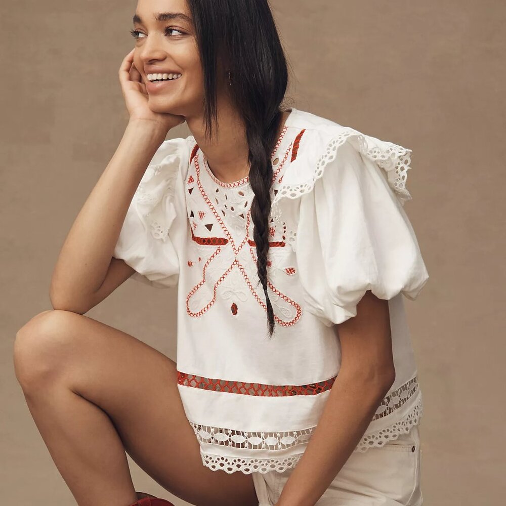 065 By Anthropologie Puff-Sleeve Cutwork Top NWT Size Large